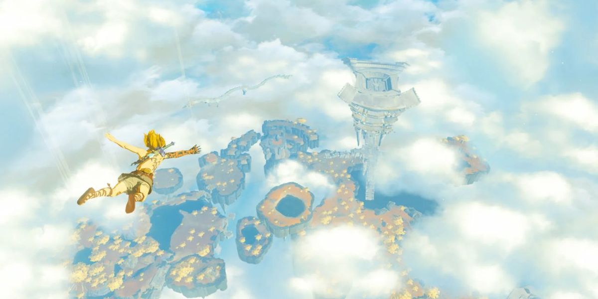 Link is falling toward flying islands in Zelda Tears of the Kingdom.