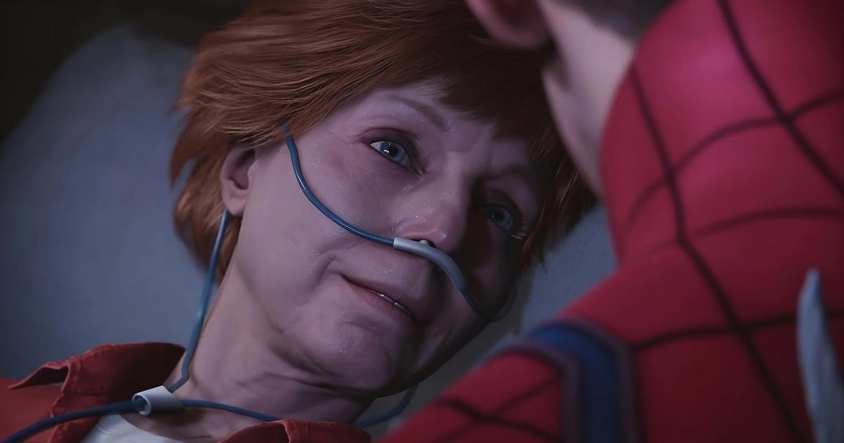 spider man aunt may in hospital bed with breathing tubes talking to peter parker in spiderman suit