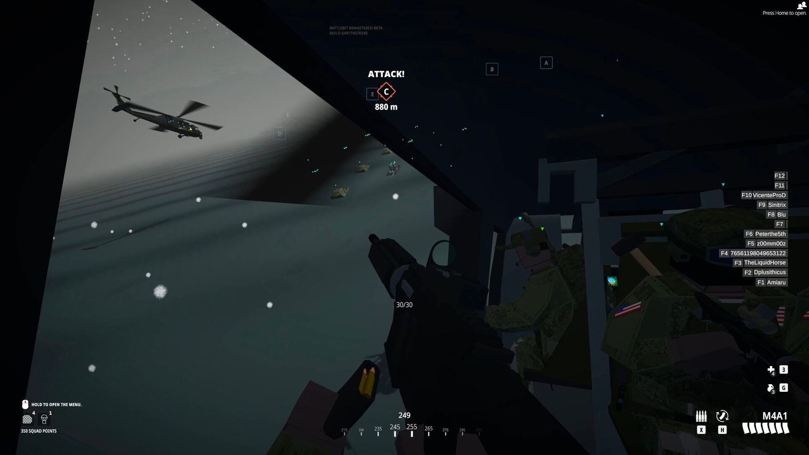 The player character sat in a helicopter, pointing a gun in Battlebit.