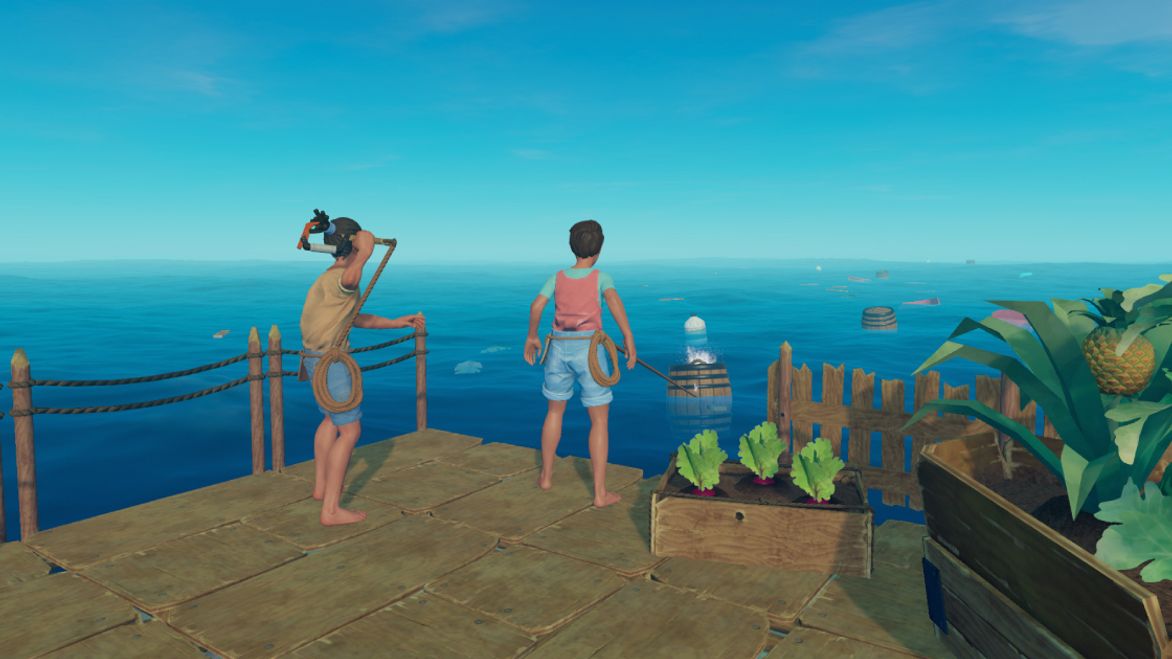 Two characters standing on a wooden raft collecting barrells floating in the sea using their hooks.