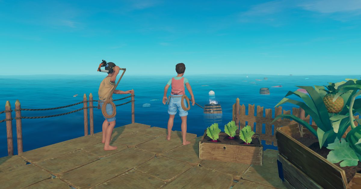 Two characters standing on a wooden raft collecting barrells floating in the sea using their hooks.