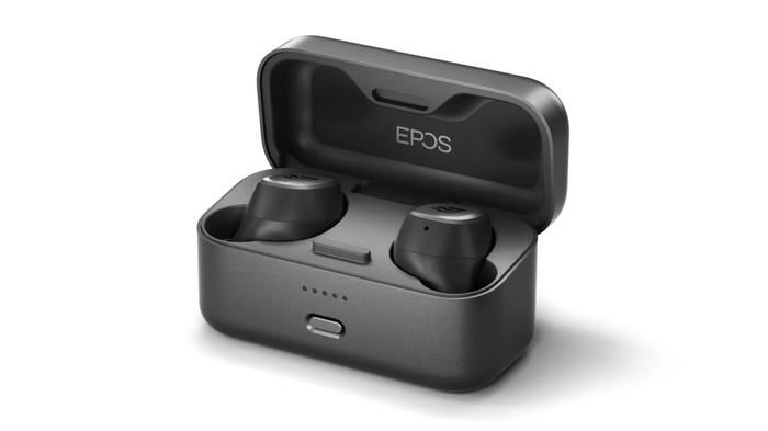 Best gaming earbuds - EPOS GTW 270 Hybrid Earbuds product image of a dark grey charging case with a pair of wireless earbuds inside.