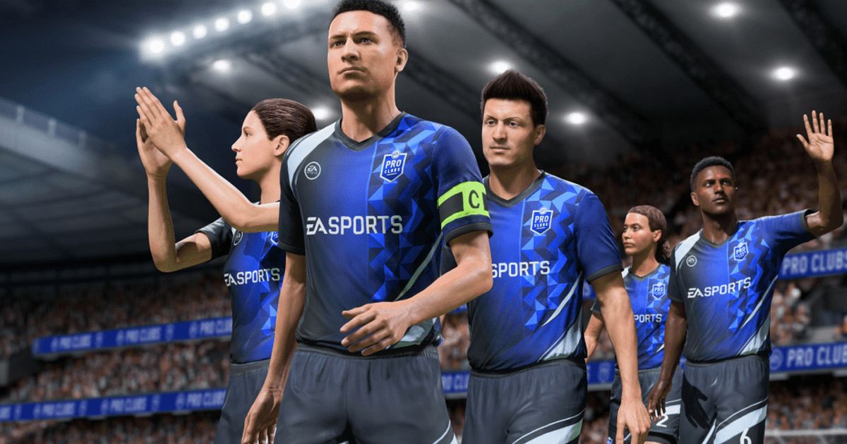Screenshot of EA Sports FC players wearing a blue kit with football stadium stand in the background