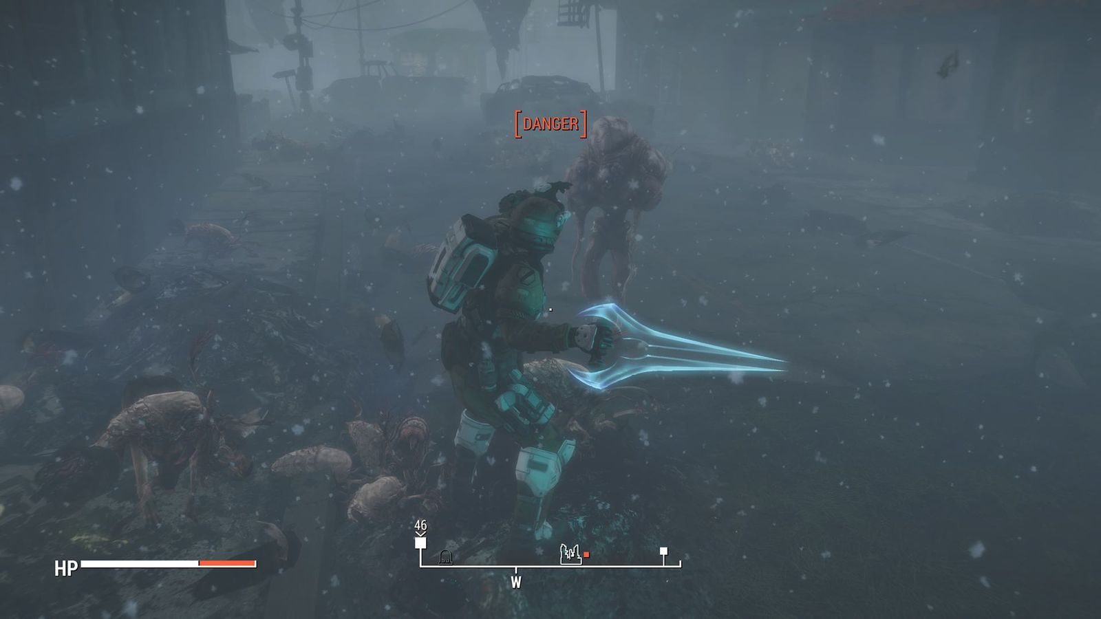 A third-person shot of a Halo ODST in Fallout fighting The Flood with an energy sword.