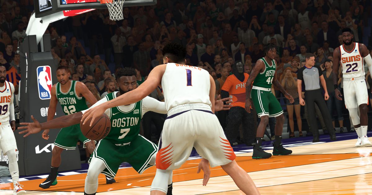 Image of a basketball player dribbling the ball in NBA 2K23.
