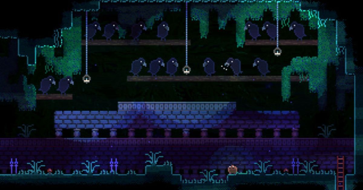 A room in Animal Well featuring crows perched on wooden rafters and a ladder inside a cave.
