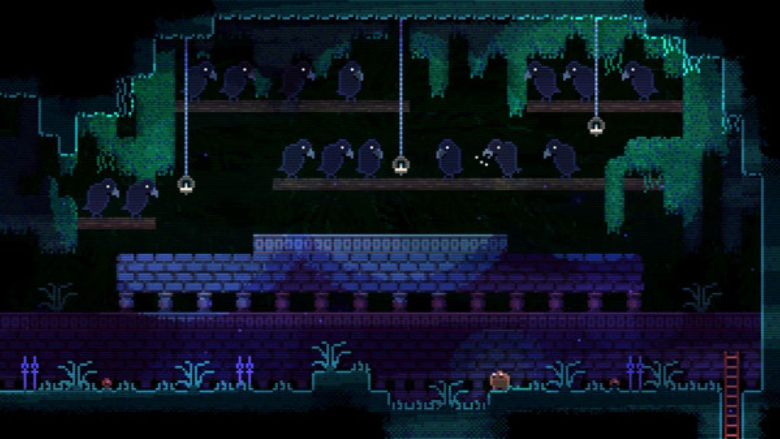 A room in Animal Well featuring crows perched on wooden rafters and a ladder inside a cave.