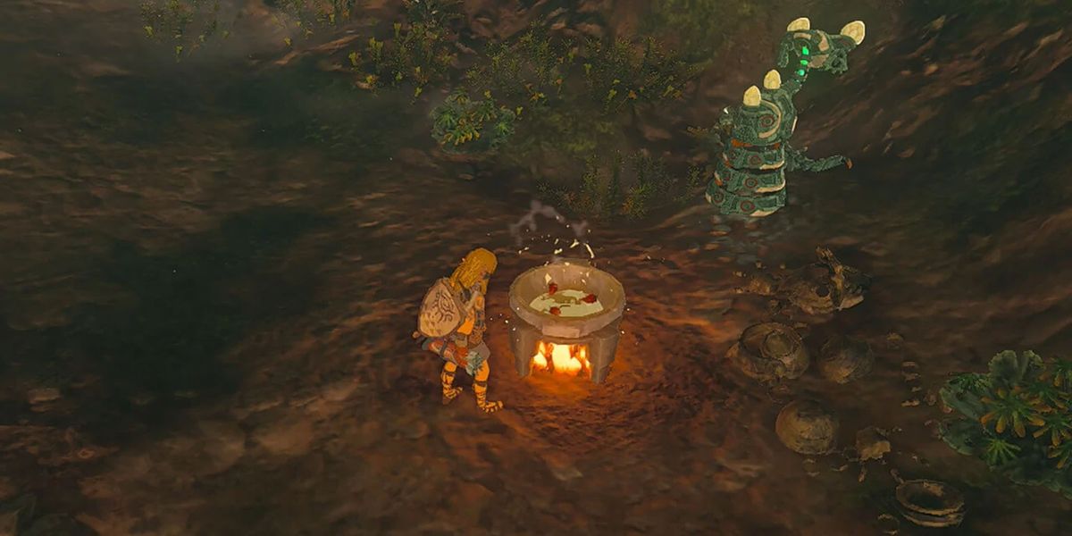 Screenshot of Zelda Tears of the Kingdom player using cooking pot with green plants nearby