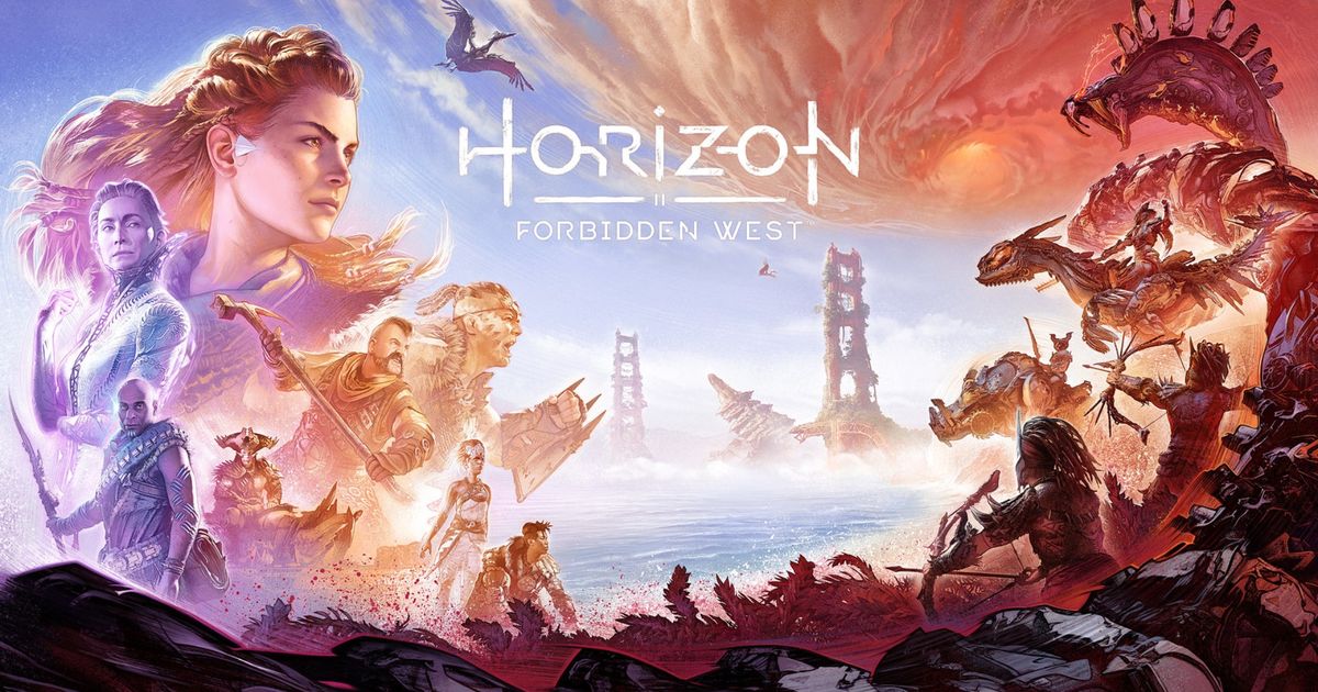 Horizon Forbidden West Key Artwork, Aloy and allies vs Regalla and her machines