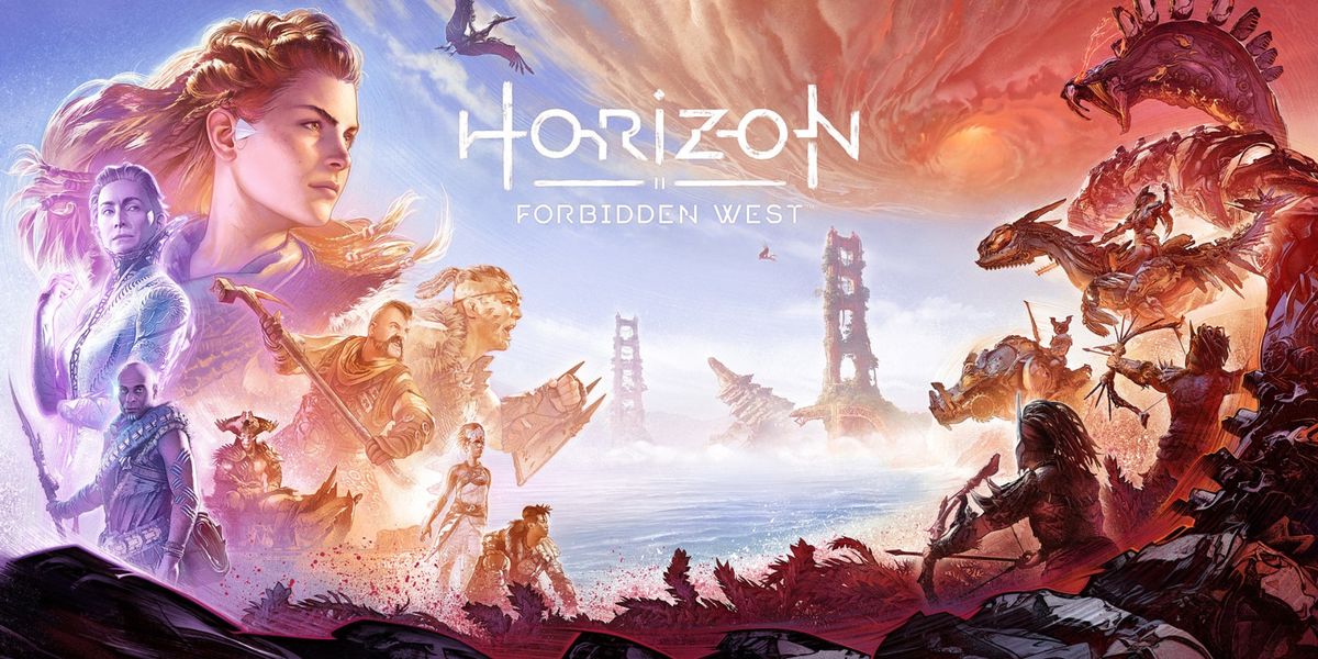 Horizon Forbidden West Key Artwork, Aloy and allies vs Regalla and her machines