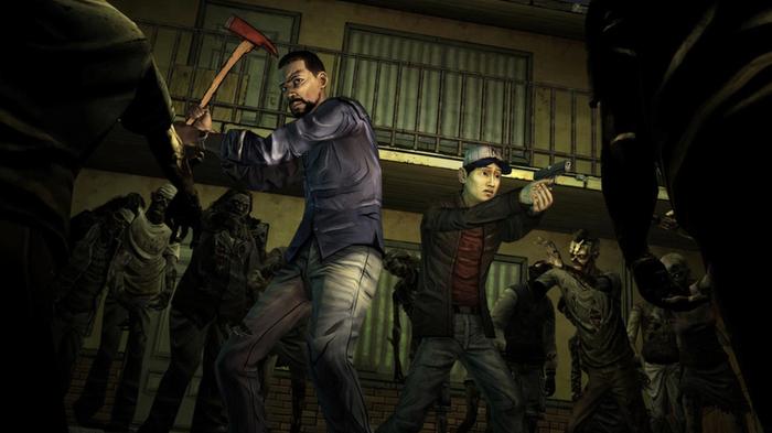 Image of Lee and Clementine fighting zombies in The Walking Dead.