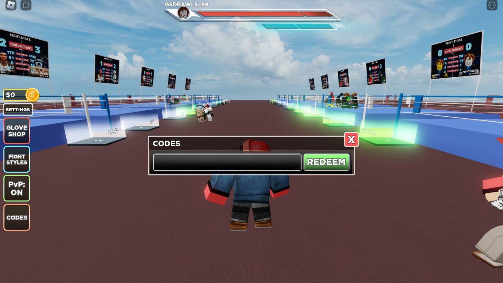 The code redemption screen in Untitled Boxing Game.