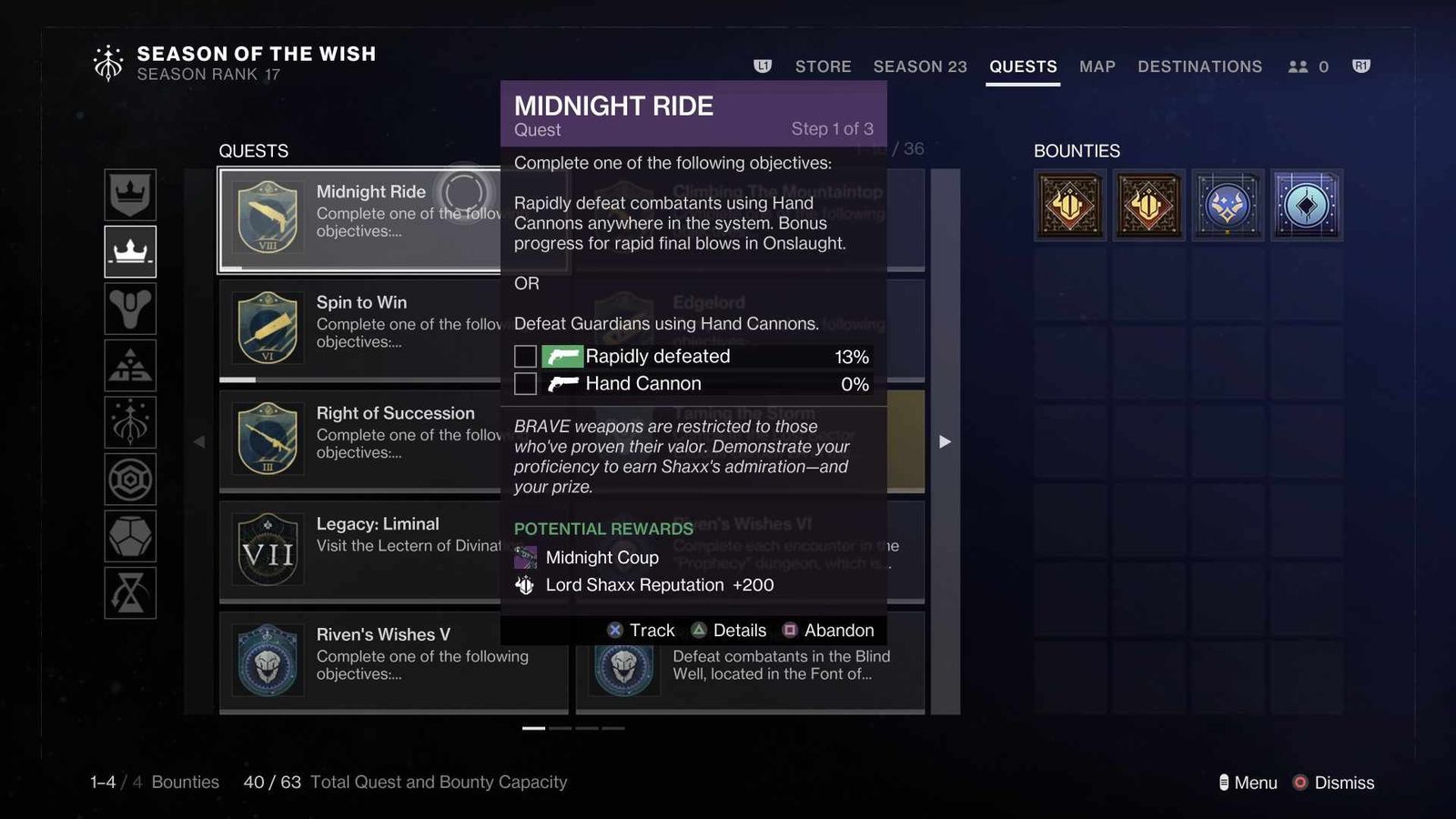 The quests tab in Destiny 2