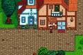 Stardew Valley, Pierre's shop. The image shows the exterior of a shop that has "Pierre's" written above a notice board. There is a blue medical building attached to the left side of Pierre's. The player is stood in front of the notice board.