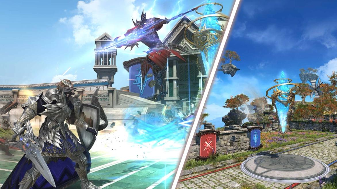 Players duking it out in Final Fantasy XIV's Crystalline Conflict PvP mode.