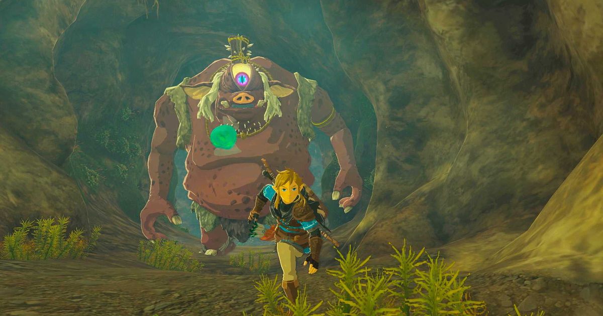 Link running away from a cave troll in Zelda Tears of the Kingdom.