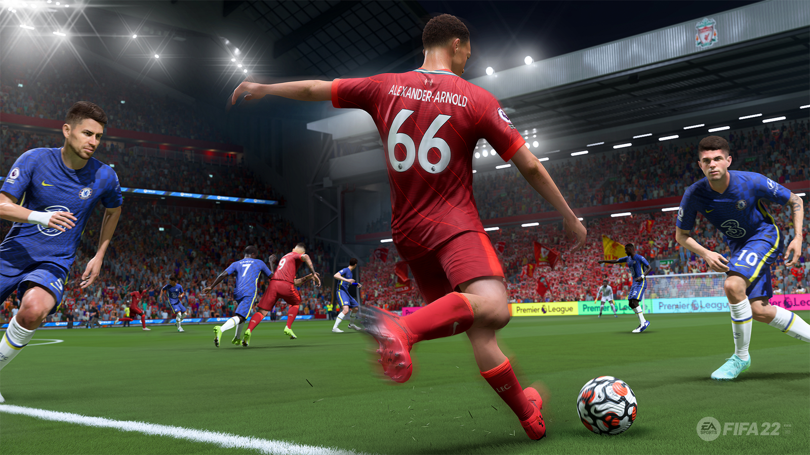 FIFA 22 screenshot showing Trent Alexander-Arnold crossing against Chelsea.