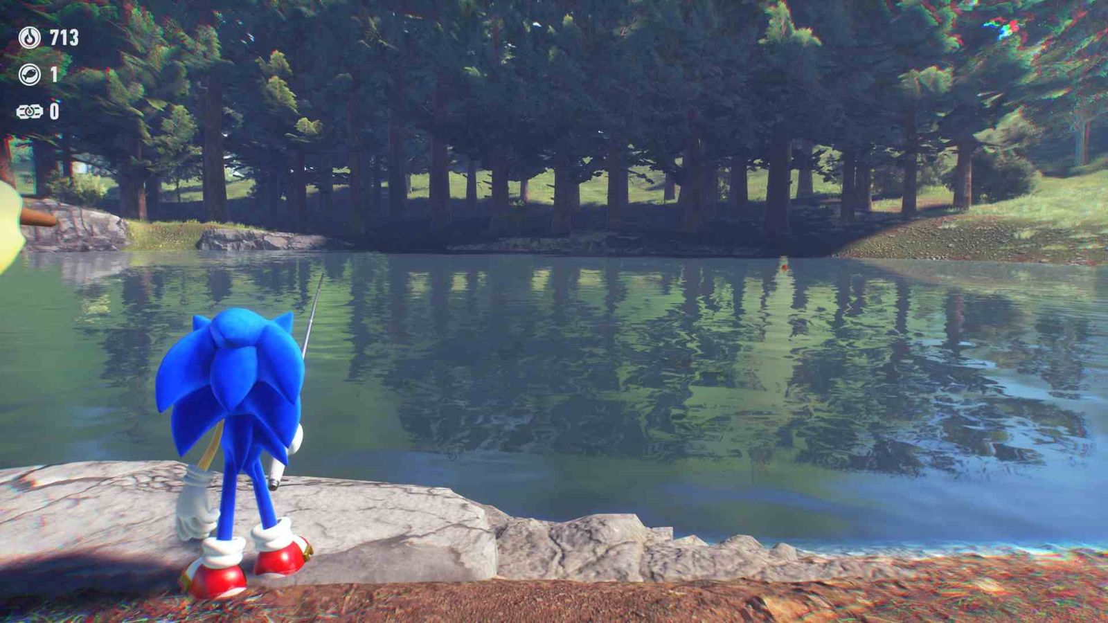 Sonic fishing in a lake in Sonic Frontiers.