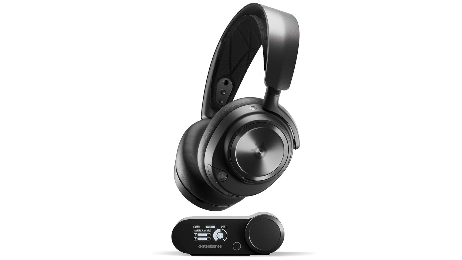 SteelSeries Arctis Nova Pro product image of a black over-ear headset with a mixer below.