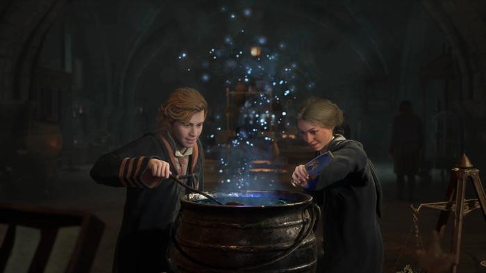 An image of two student wizards brewing a potion in Hogwarts Legacy. 