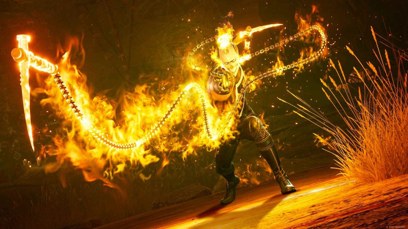 Ghost Rider whipping a chain in Marvel Midnight Suns.