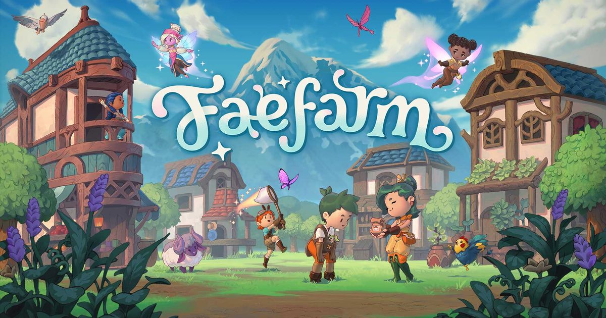 Fae Farm key art featuring several buildings, characters interacting, and animals in a cutesy art style