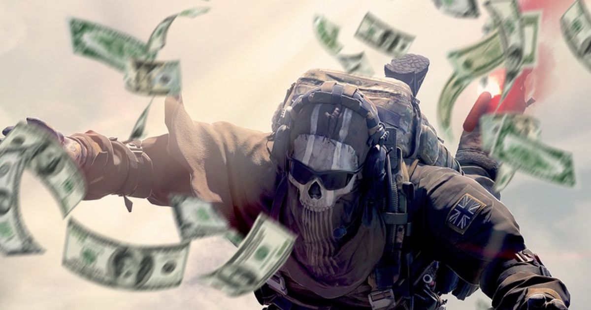 Ghost Riley from Warzone Mobile falling through the sky next to a pile of falling money 