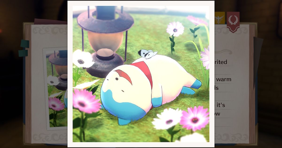 Sommie, the Somniel creature from Fire Emblem Engage, laying on its back with a butterfly on its stomach.