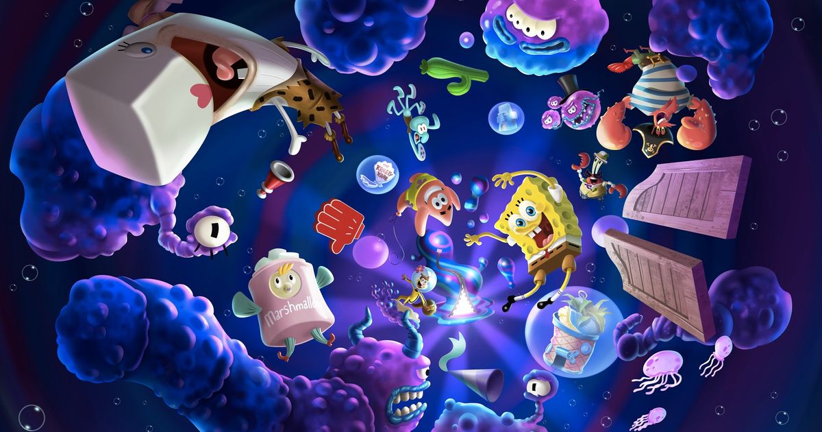 Image of SpongeBob characters in a galactic portal in SpongeBob SquarePants: The Cosmic Shake.