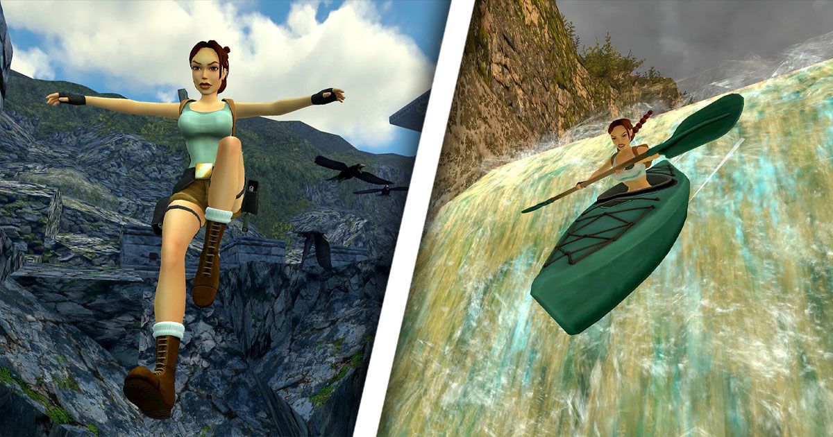 Lara Croft in a blue top and brown shorts jumping from a rocky cliff on one side of a white line. On the other, Lara Croft going down a waterfall in a green kayak.