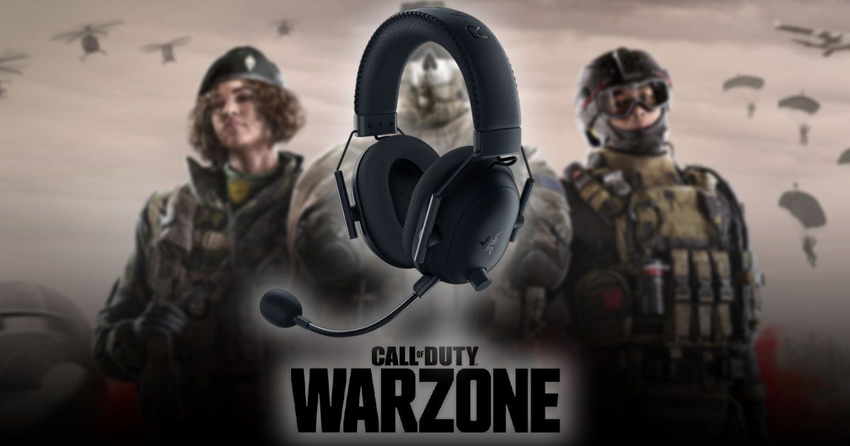 A black over-ear headset above Warzone branding and Warzone's cover art in the background.