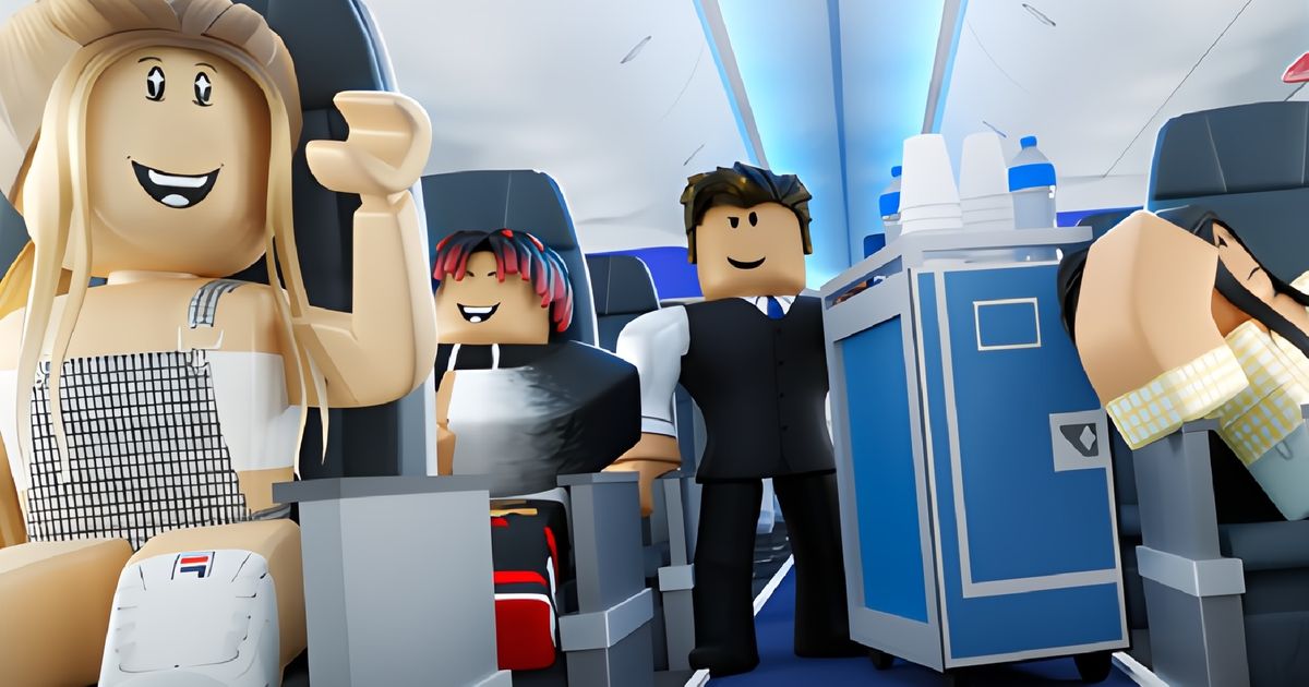 Roblox - flight attendant pushes a blue cart down a row of smiling airplane passengers.