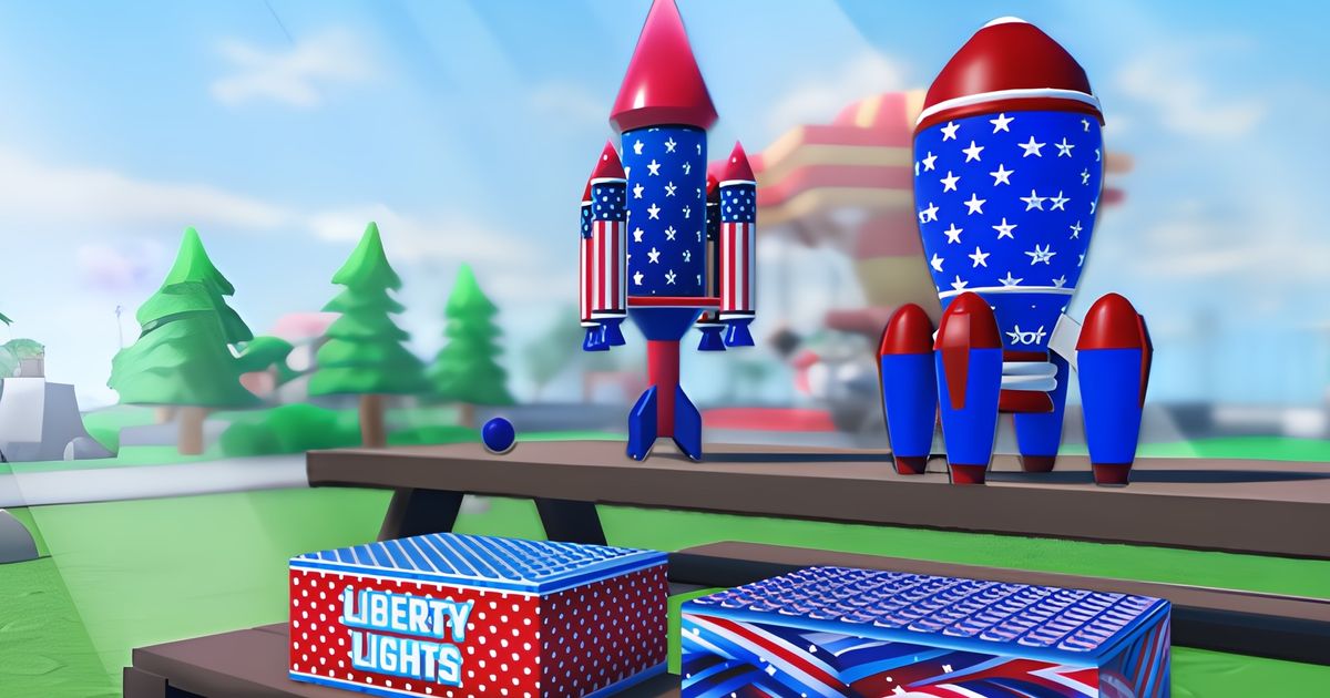 Roblox Fireworks Playground codes - two fireworks next to a box labelled "Liberty Lights", sat on a park bench