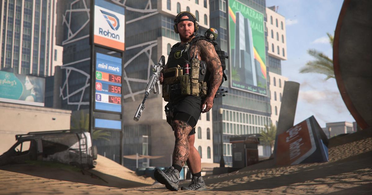 Screenshot of Warzone 2 TimtheTatman Operator carrying gun in front of smoke in the background