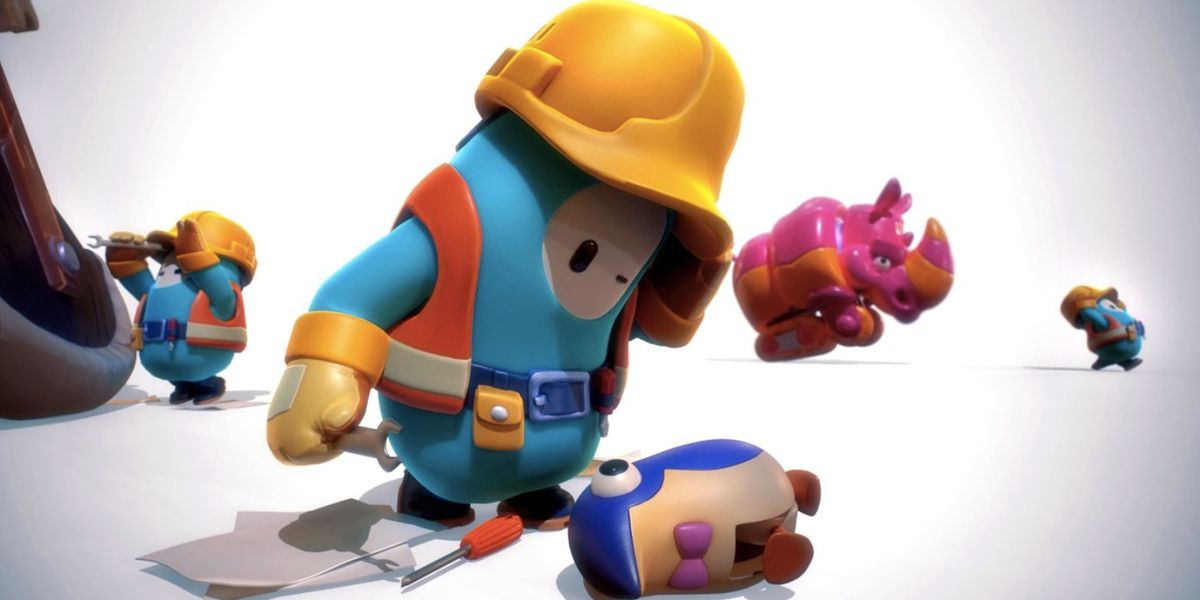 Image of a Fall Guys character wearing a building uniform, tending to a broken toy.