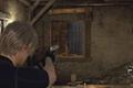 Leon aiming his pistol through a window in Resident Evil 4 remake.