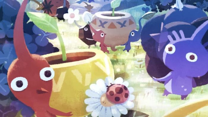Artwork of several Pikmin carrying flower pots.