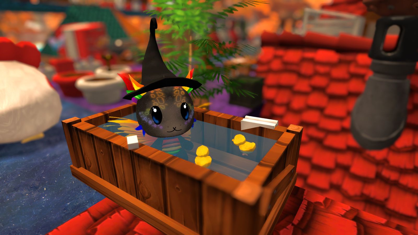 In-game image from Garden Paws of a semi translucent character wearing a black witch hat laying in a wooden bath.
