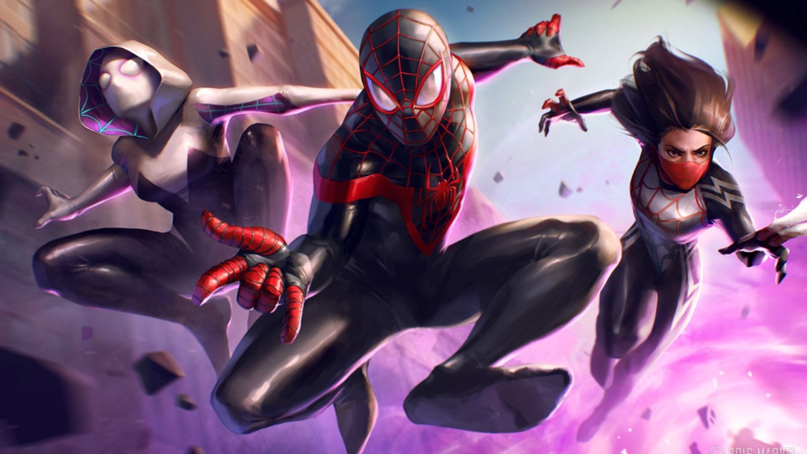 Screenshot from Marvel Future Fight, showing three Spider-Man variants swinging into battle