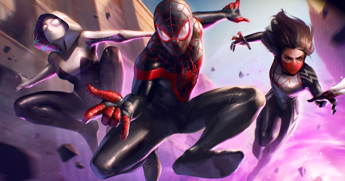 Screenshot from Marvel Future Fight, showing three Spider-Man variants swinging into battle