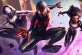 Screenshot from Marvel Future Fight, showing three Spider-Man variants swinging into battle