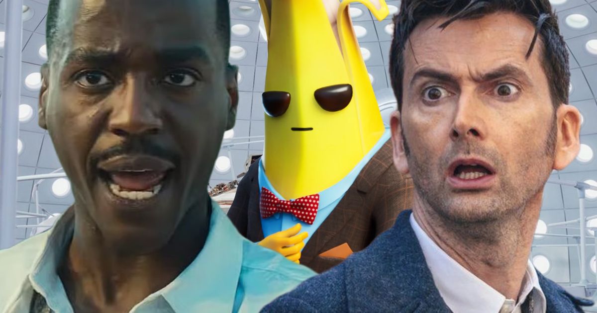 Fortnite’s Peely next to David Tenant and Ncuti Gatwa’s The Doctor inside The Tardis
