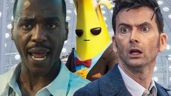 Fortnite’s Peely next to David Tenant and Ncuti Gatwa’s The Doctor inside The Tardis