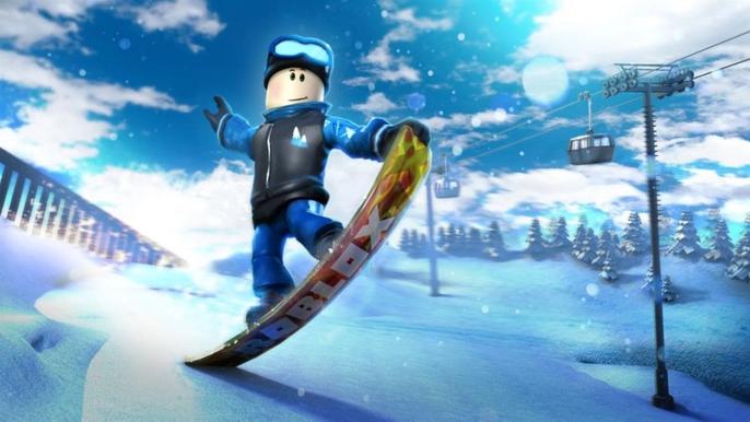 A Roblox character snowboarding.
