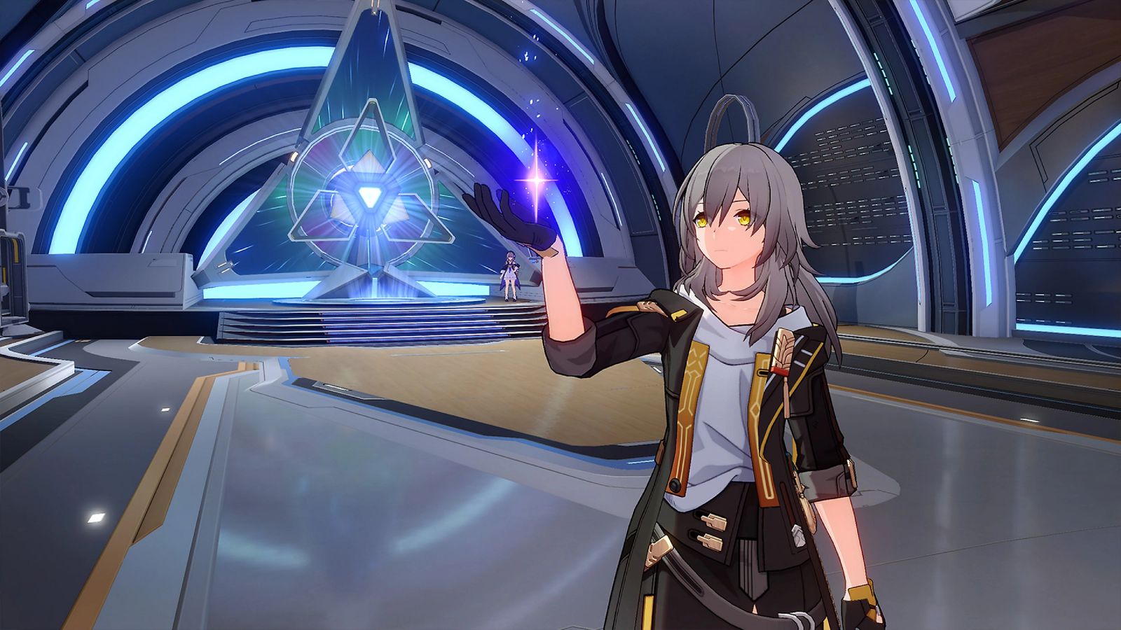 In-game image from Honkai: Star Rail of a grey haired character in a Sci-Fi setting with a purple star floating in their hand.