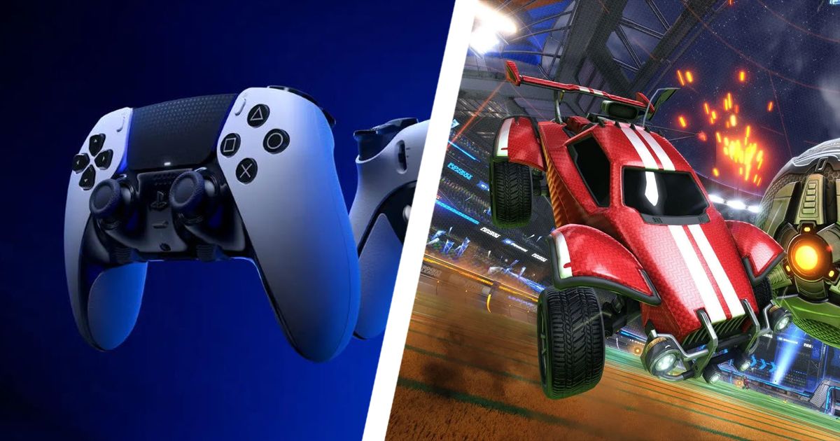 The white and black DualSense Edge in a blue room on one side of a diagonal white line. On the other, a red car with two white stripes down it flying through the air in Rocket League.