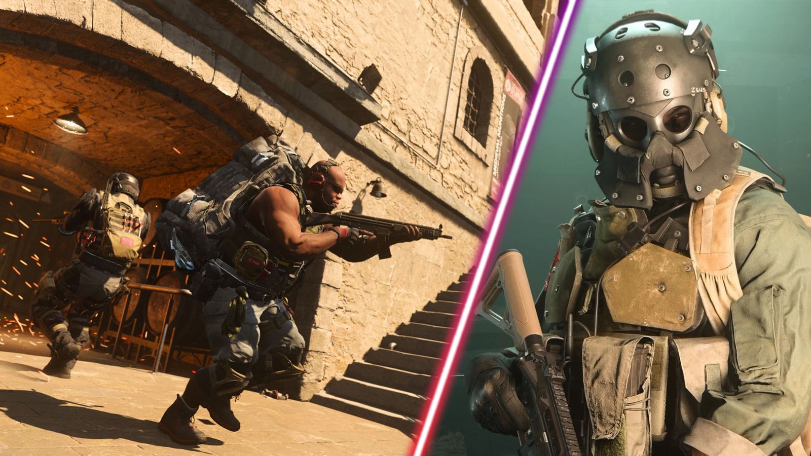 Screenshot showing Modern Warfare 2 players near a staircase and a Modern Warfare 2 player wearing an armoured mask