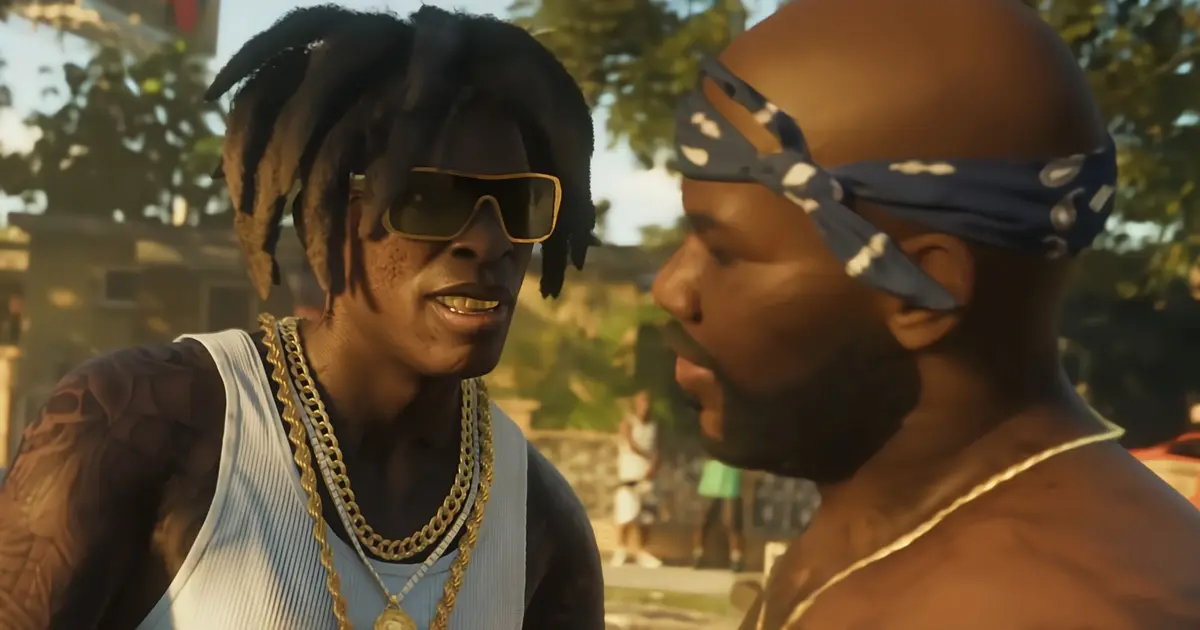 GTA 6 - two men in gold jewellery have a conversation next to a road.