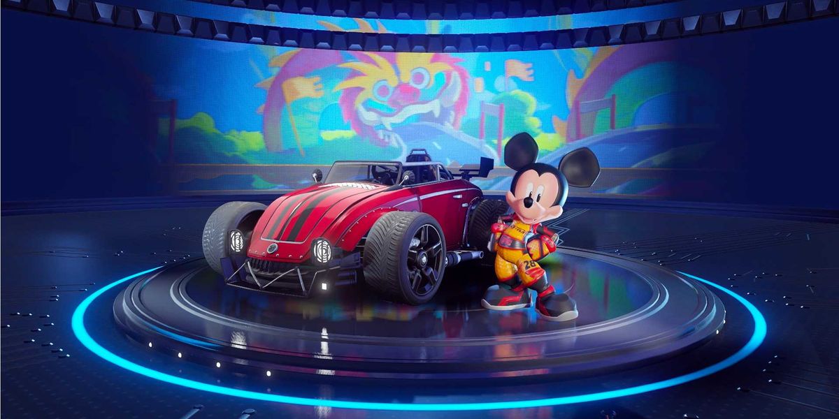 Mickey Mouse stood in front of a kart in Disney Speedstorm.