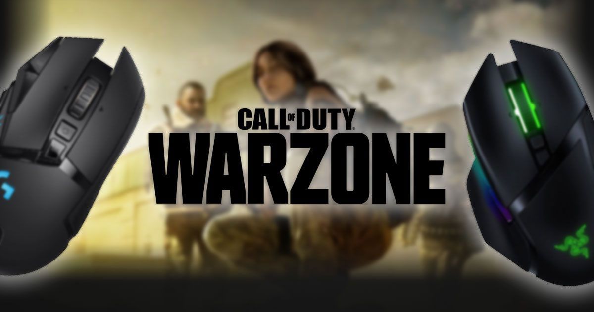 Call of Duty Warzone logo in front of the cover art and back, wireless mice either side.